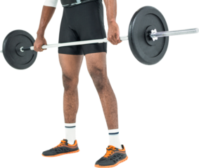 Mid-section of bodybuilder lifting heavy barbell weights