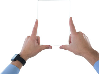 Cropped hands on businessman with transparent glass interface