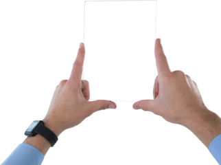 Cropped hands on businessman with transparent glass interface