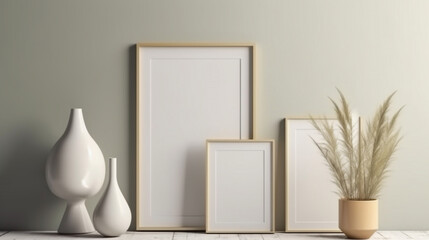 Five blank white panels, mockup of empty framed posters on the wall. Ai 3d artwork template in minimal interior design, minimalist illustration with copy space and vases