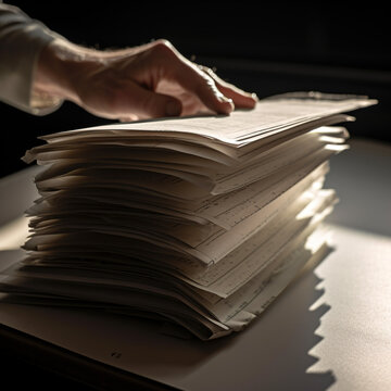 Hand on top of a stack of papers, business documents, plain background with shadows, generative AI