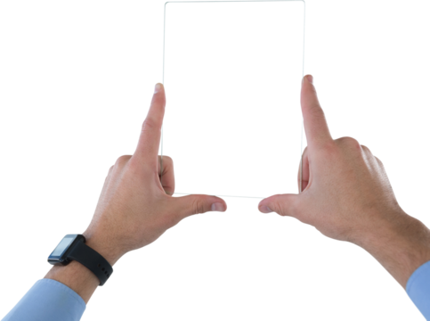 Cropped hands on businessman with transparent glass interface