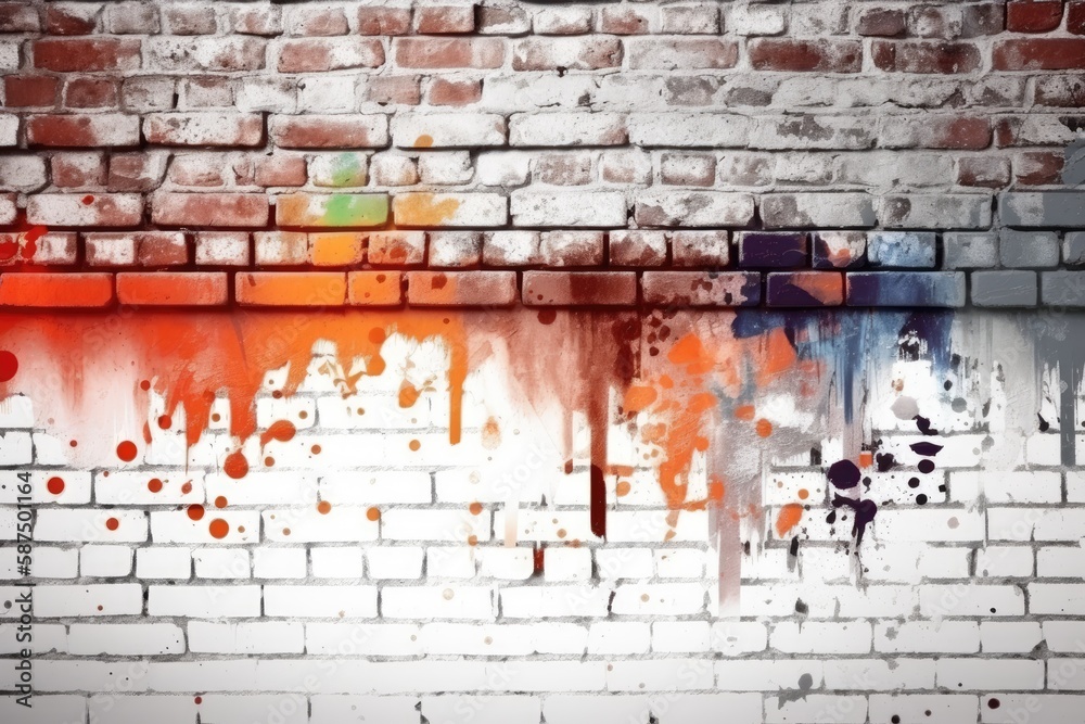 Wall mural Brick Wall with Colorful Splatters of Paint. Generative AI