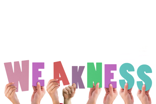 Colorful alphabet spelling weakness held up by people - Powered by Adobe