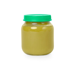 Glass jar with healthy baby food isolated on white