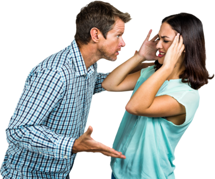 Couple fighting against white background