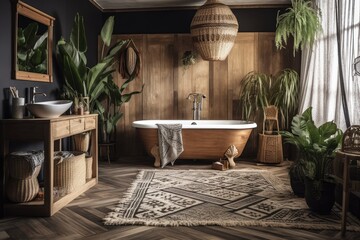White and dark bohemian wooden bathroom and bedroom. Bathtub, bed, towel rack, potted plants. Tropical wallpaper. Rustic interior design,. Generative AI
