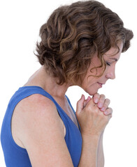 Upset woman with hands clasped
