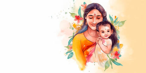 Obraz na płótnie Canvas beautiful young indian woman mother with a child, colorful watercolor banner with space for text