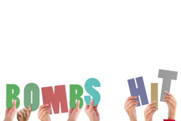 Cropped hands holding colorful words bombs and hit 