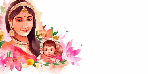 Fototapeta premium beautiful young indian woman mother with a child, colorful watercolor banner with space for text