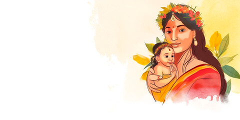 beautiful young indian woman mother with a child, colorful watercolor banner with space for text