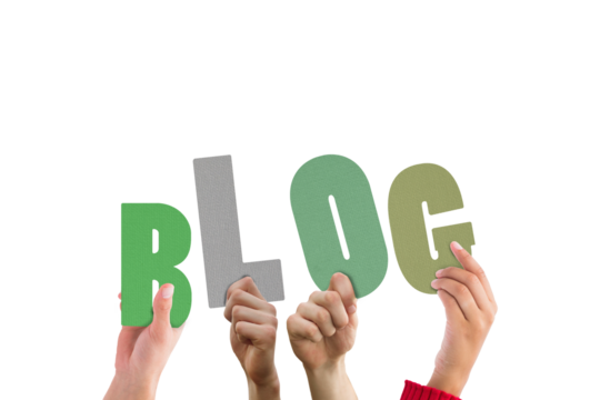 Colorful alphabet spelling blog held up by people 