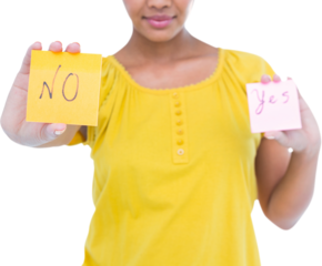 Midsection of woman holding yes no signs