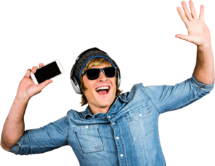 Cheerful hipster listening to music