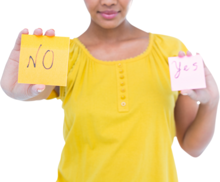 Midsection of woman holding yes no signs