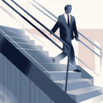 Illustration of a man walking down stairs and wearing a navy blue suit, generative AI