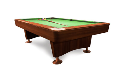 Billiard table with wooden cues, rack and balls on white background