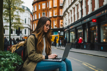 Naklejka na ściany i meble Young woman sitting in London and doing work on laptop. Student or freelancer lifestyle. High quality generative ai