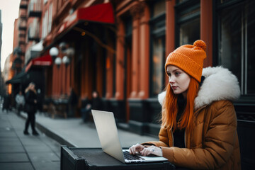 Obraz premium Young red hair woman sitting in New York and doing work on laptop. Student or freelancer lifestyle. High quality generative ai