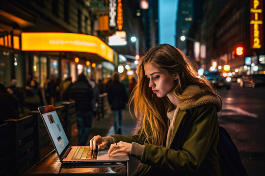 Young woman sitting in New York and doing work on laptop. Student or freelancer lifestyle. High quality generative ai