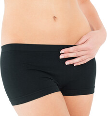 Closeup mid section of a fit woman in black shorts