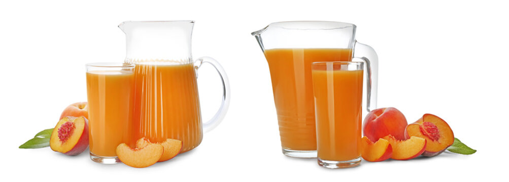 Set of peach juice in glassware and fresh fruits isolated on white