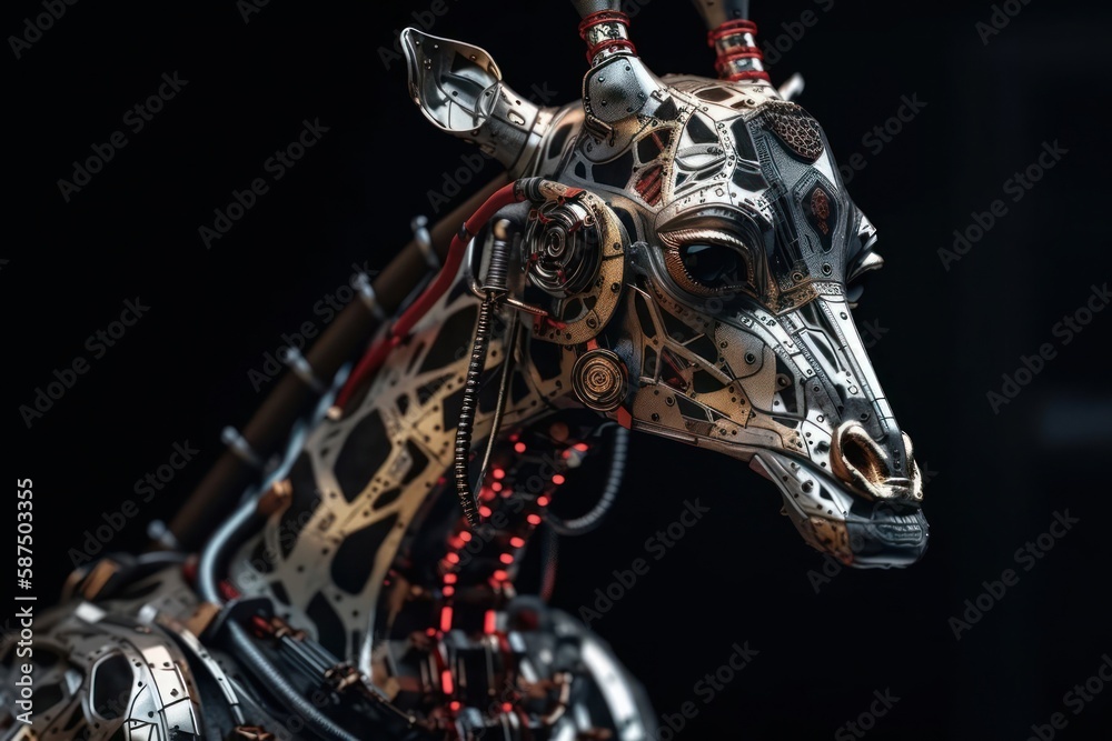 Wall mural red giraffe mechanical robotic creature on black background generative ai