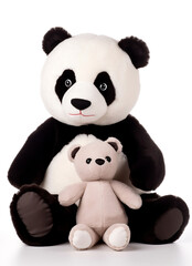 A cute adorable black and white panda holding a cute teddy bear, mothers day card.