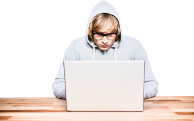  Man in hood jacket hacking a laptop