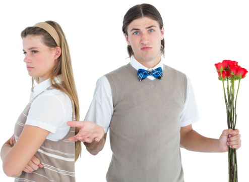 Geeky hipster couple not talking after argument 