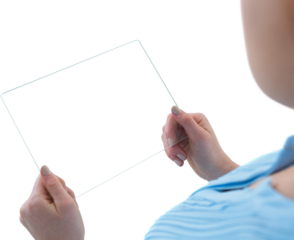 High angle view of businesswoman using transparent glass interface