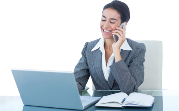 Businesswoman on call and using her laptop - Powered by Adobe