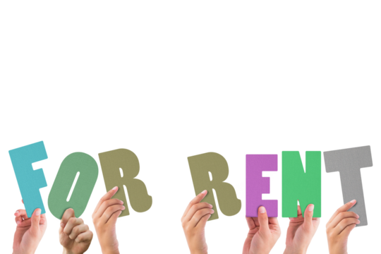 Cropped hands holding colorful words for rent - Powered by Adobe