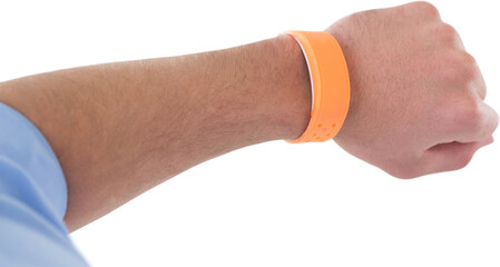 Cropped hand of businessman wearing orange smart watch