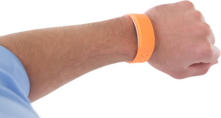 Cropped hand of businessman wearing orange smart watch