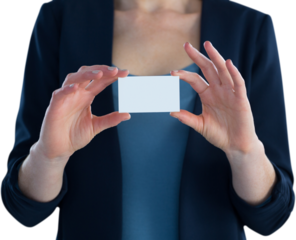 Mid section of businesswoman holding white card
