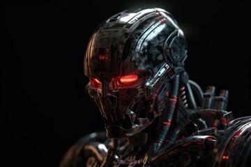 Red Male Mechanized Robotic Creature On Black Background Generative AI