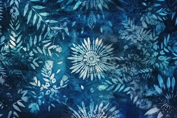 blue and white floral pattern on a seamless blue background. Generative AI