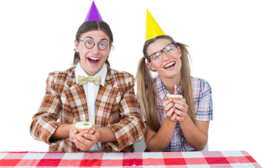 Geeky hipsters celebrating birthday 