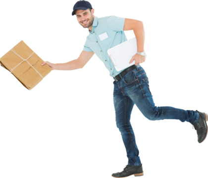 Happy delivery man running with package