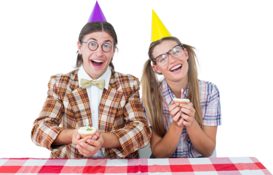 Geeky hipsters celebrating birthday 
