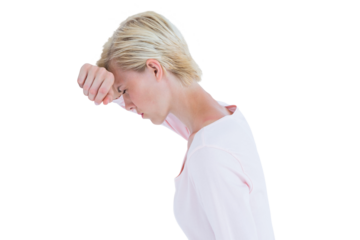 Nervous woman leaning on white background