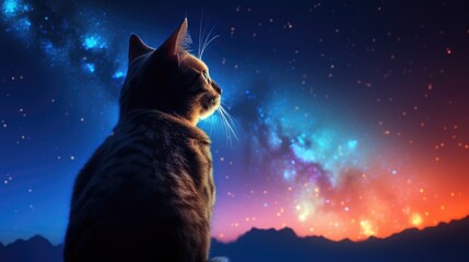 cat looking at night starry sky with glitter glow galaxy. Created with generative AI.