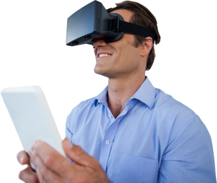 Close up of businessman with tablet using vr glasses - Powered by Adobe