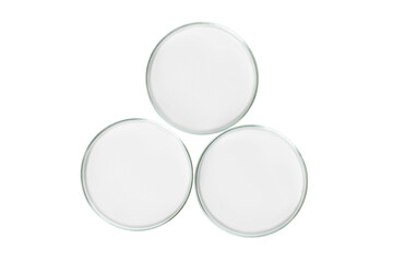 Three Petri dishes empty from glass isolated. PNG.