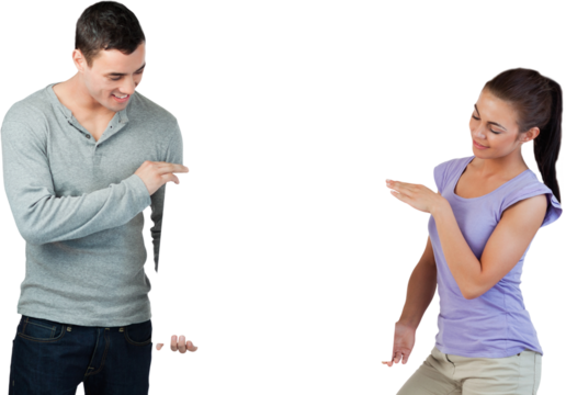 Young couple presenting banner together