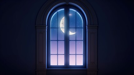 Fototapeta premium Mystical window with crescent moon in night sky. Created with generative AI.