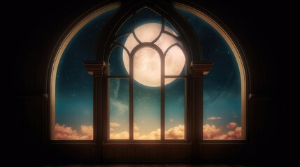 Mystical window with crescent moon in night sky.  Created with generative AI.