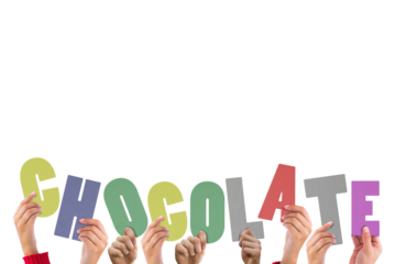 Cropped hands holding colorful word chocolate